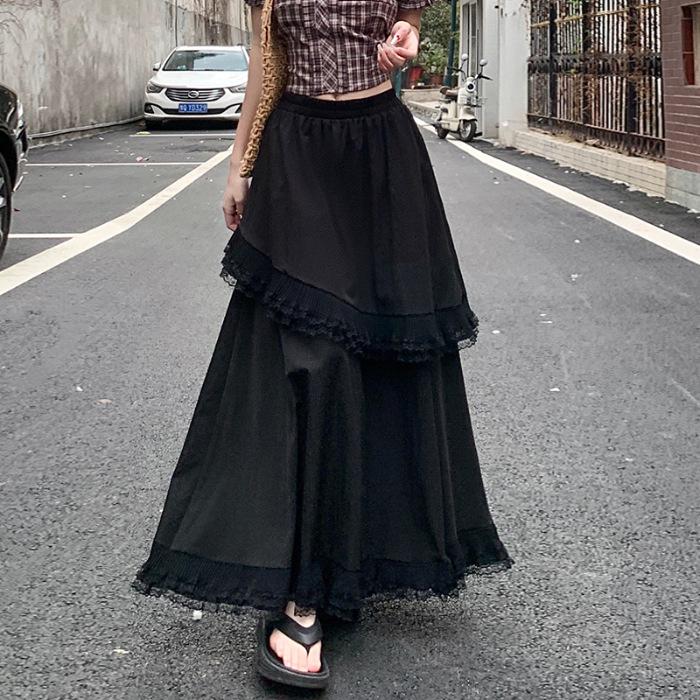 

[Original practice] Irregular high waist and thin a-word skirt women s summer lace splicing cake skirt long skirt XL чорний