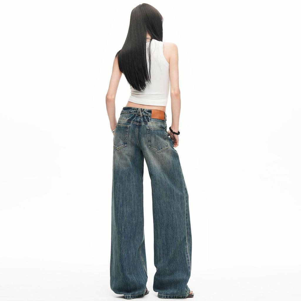 Trendy Vintage Cuffed Waist Relaxed Straight Wide Leg Comfy Denim Pants For Ladies Spring Summer Casual Pants Oversize Denim Trousers
