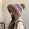Fur Brim Pompom Braids Hat Striped Knit Earflap Winter Cap Fleece Knit Beanie  Teens