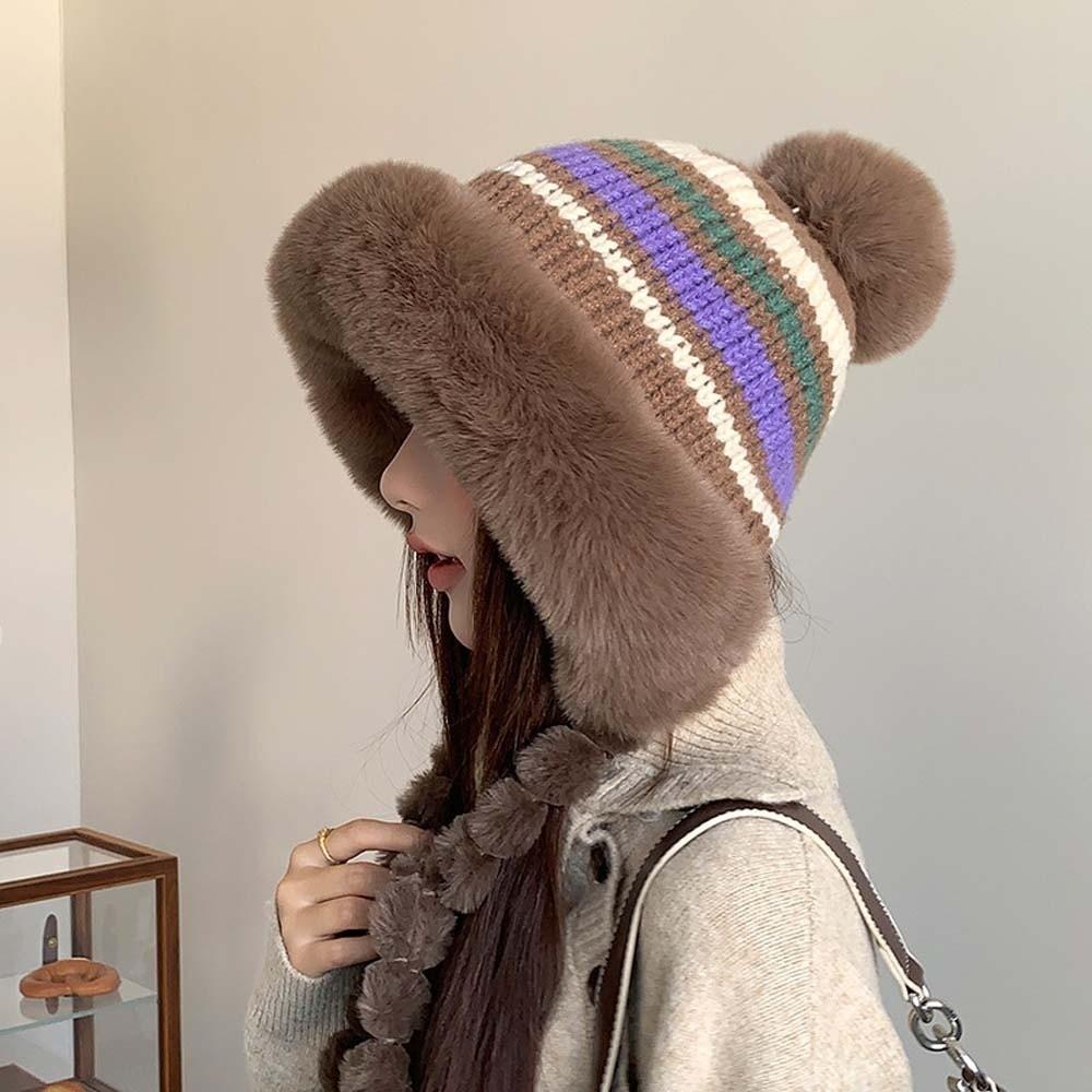 Fur Brim Pompom Braids Hat Striped Knit Earflap Winter Cap Fleece Knit Beanie Teens