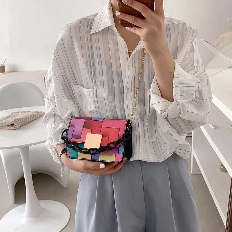 Women's Vintage Portable HandBag Versatile Single Shoulder Slant Across Bag Female Contrast Color Small Square Chain Bag