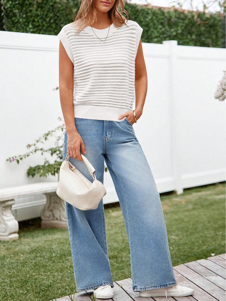 Women's Cap Sleeve Knit Sweater Vest Crew Neck Ribbed Summer Pullover Tank Top