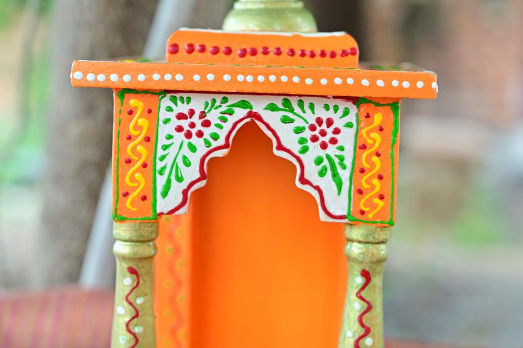 Embossed Painted Wood Mandir Antique Finish Wall Shrine