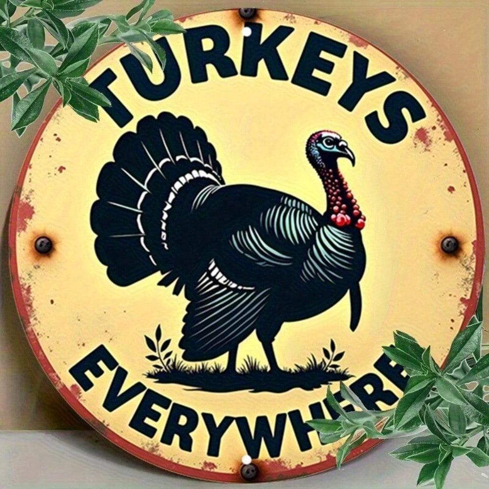 Vintage Round Metal Tin Sign Turkeys Everywhere Art Farmhouse Kitchen Wall Decor Rustic Aluminum Plaque