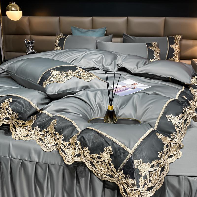 Luxury Bedding Set 3Pcs Duvet Cover Set King Size  Bed Skirt Lace Double Side Washed Silk Design Reactive Printing Sleep Coolly
