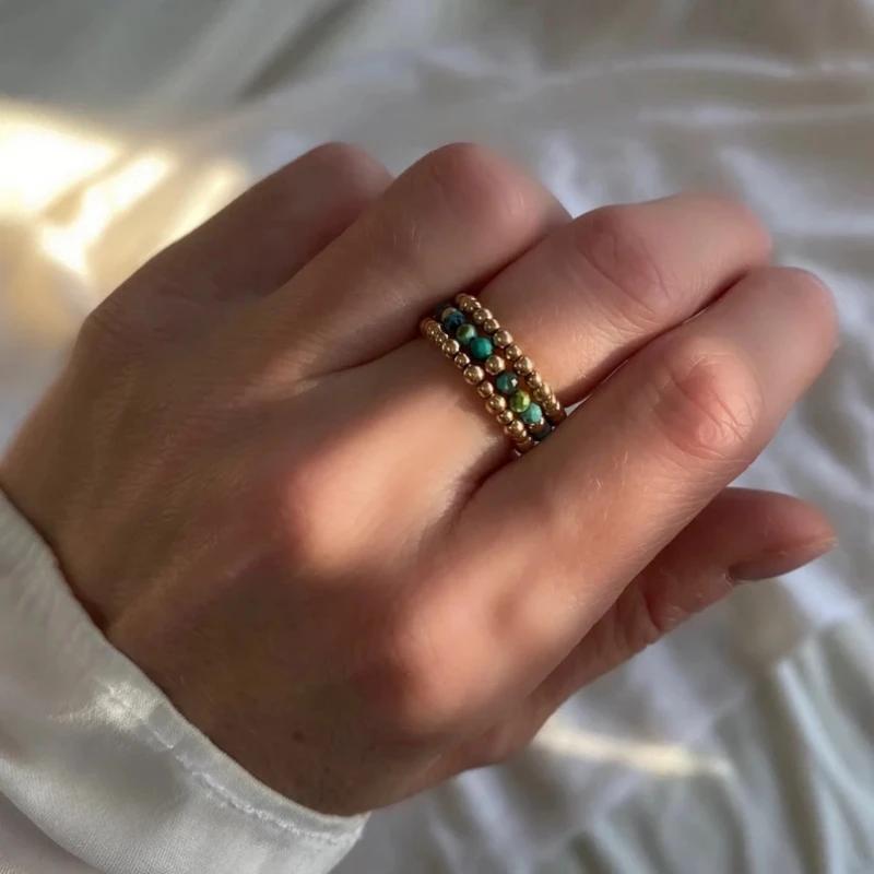 

Vlen 18K Gold Plated Triple Stackable Rings Set Adjustable Beaded Jewelry for Women Elegant Elastic Rings Gift for Anniversary resizable