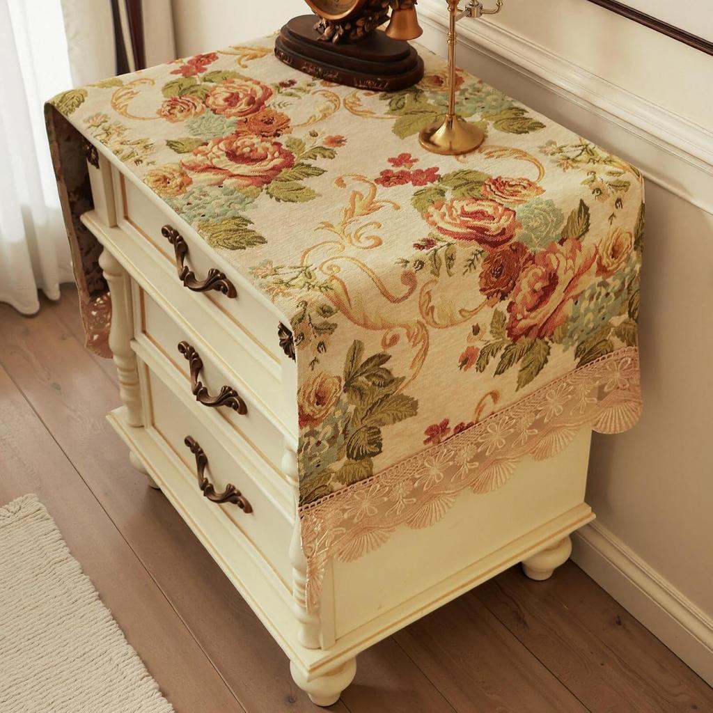 Nightstand Cover:Luxe Palace Garden Chenille Table Protector with Lace, Vintage Floral Embroidery Dresser Cover for End Table/Bedroom, Machine