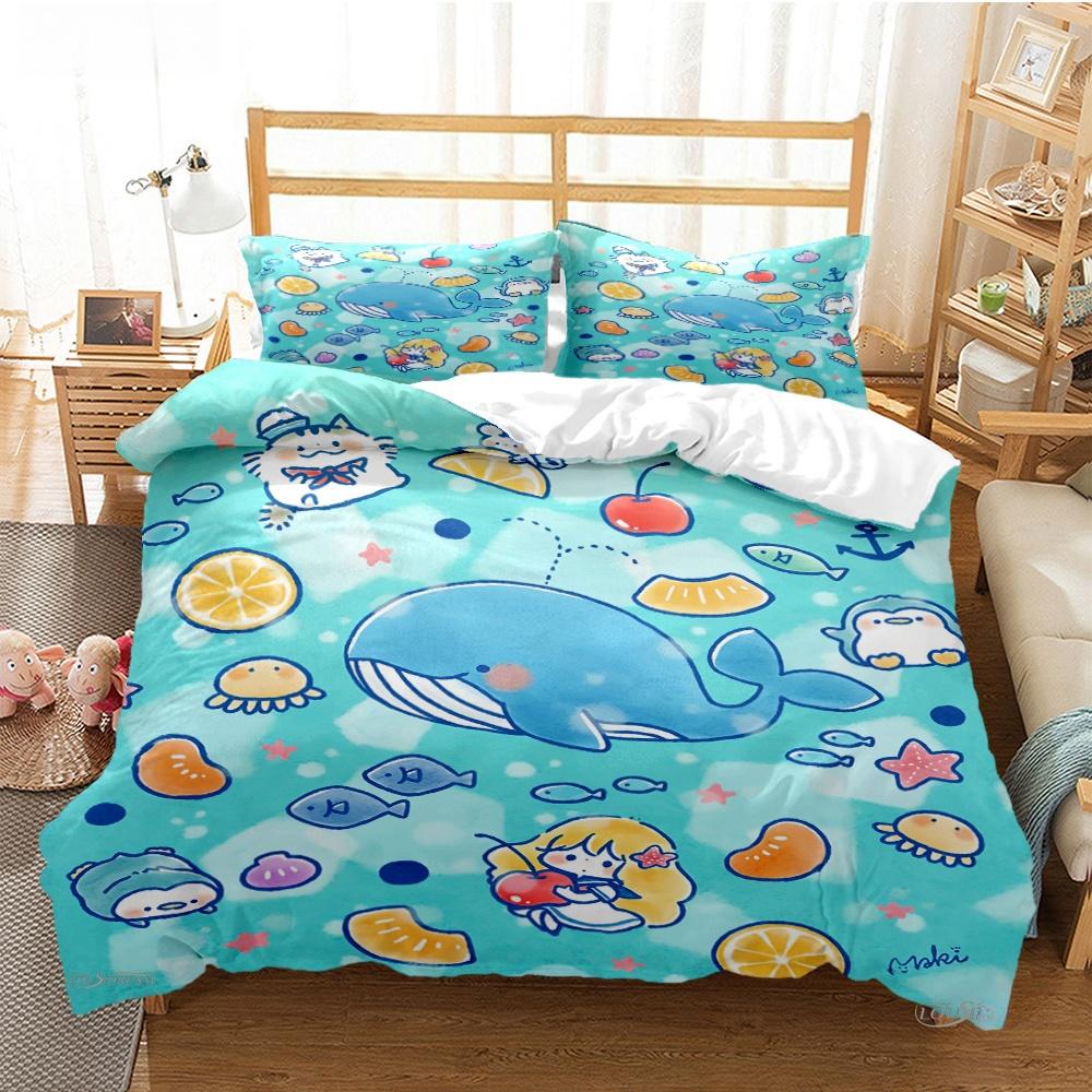 Cartoon Ocean Whale Dolphin Duvet Cover Kids Cute Kawaii Bedding Sets Soft Quilt Cover and Pillowcases Single_Double_Queen_King