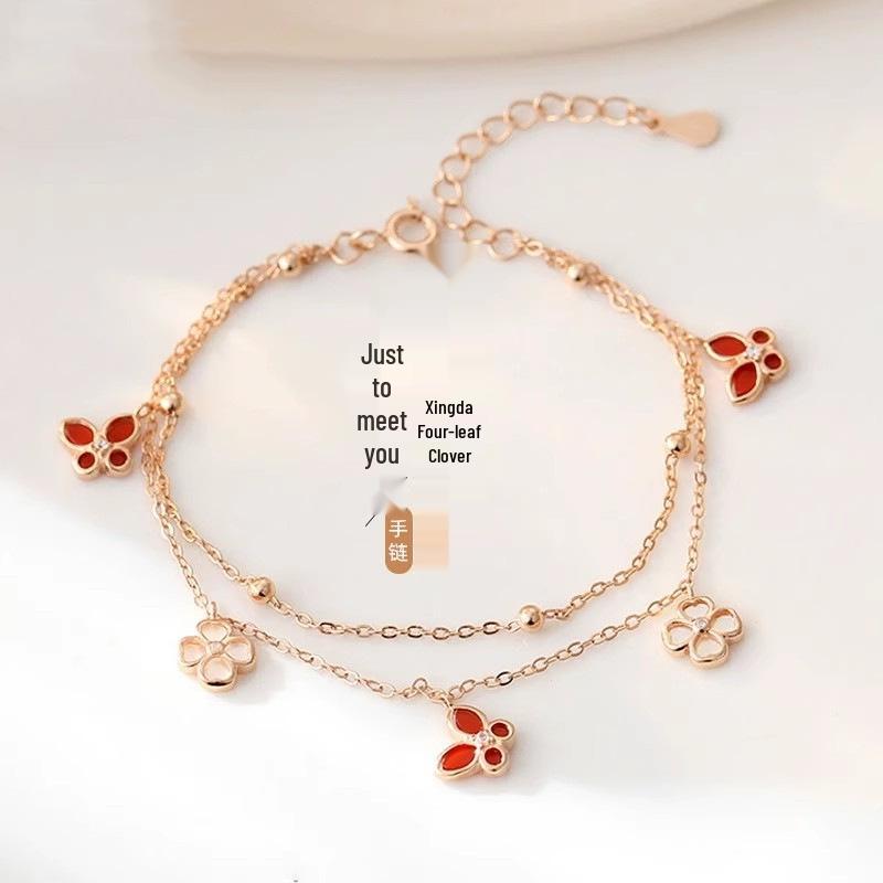 Women's Sterling Silver Clover Bracelet with Agate and Mother-of-Pearl - Elegant Gift for Birthdays or New Year