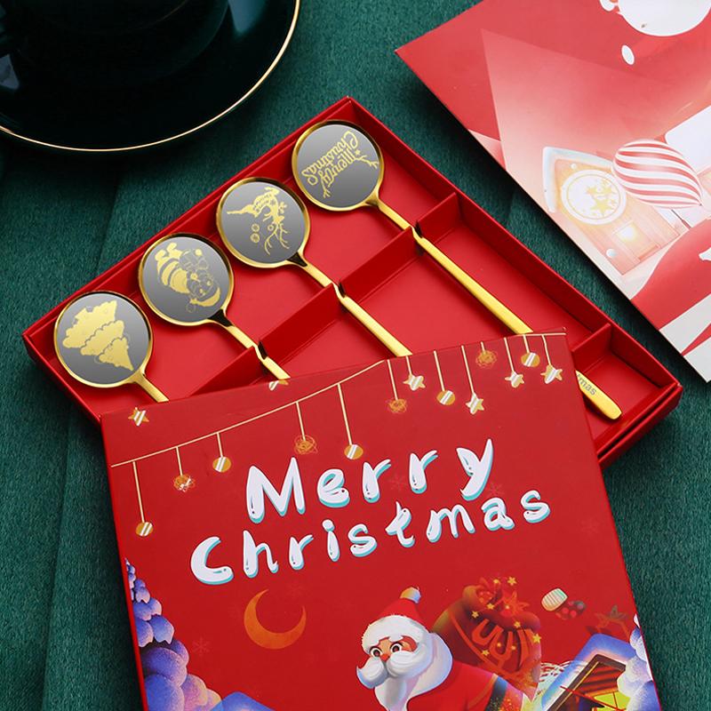 4 ks Nerezová Vánoční Kávová Lžička Vánoční Dekorace Stolní Nádobí s Dárkovou Krabičkou Los Sněhulák Vánoční Stromek Sladká Lžička