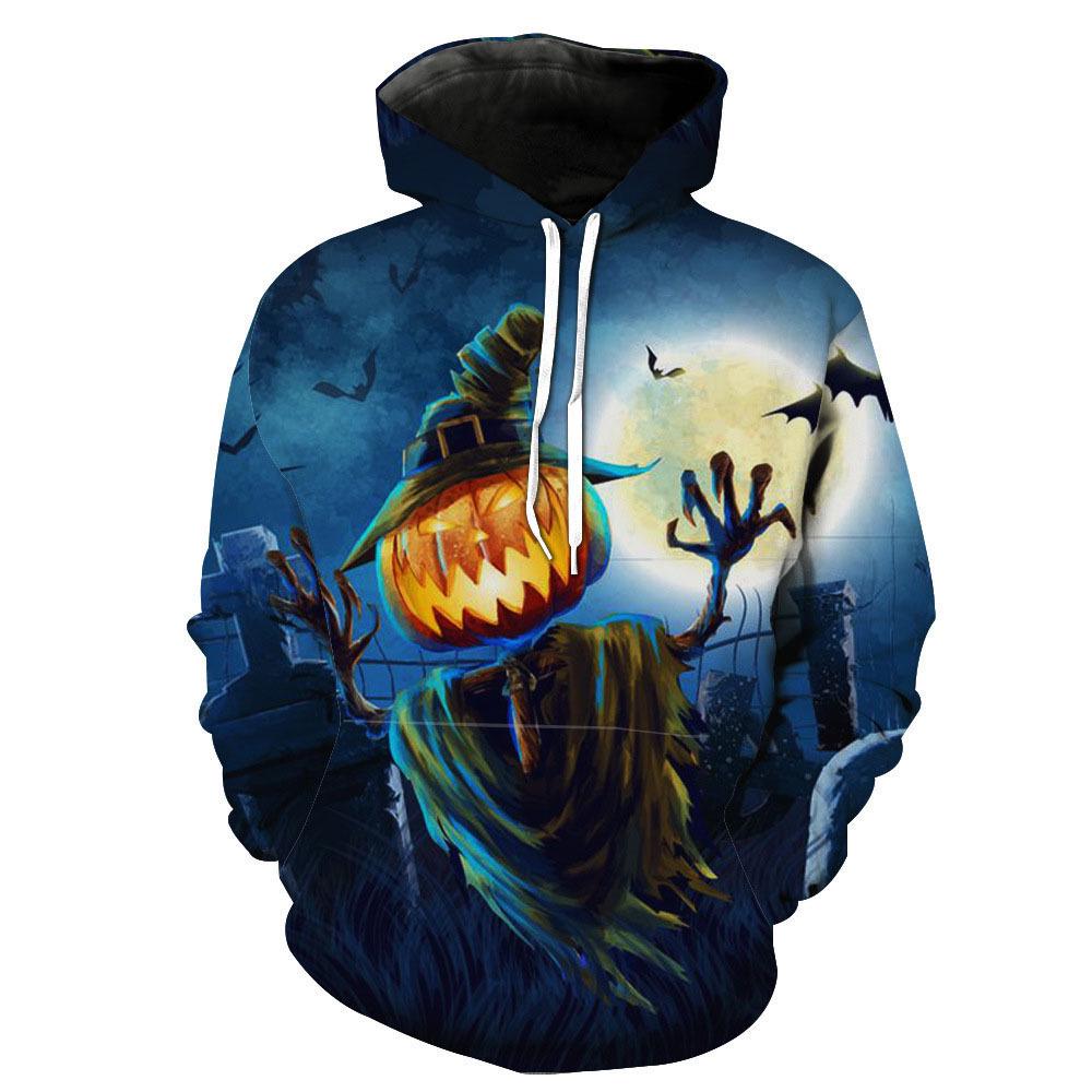 3D Digital Print Skull Hoodie with Long Sleeves, European & American Style, Pumpkin Halloween Design for Men