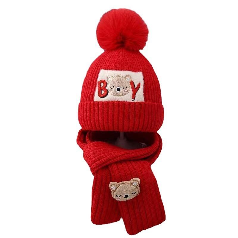 Winter children's hats, piled and thickened two-piece sets, baby hats, bear wool hats, thermal hats, sets