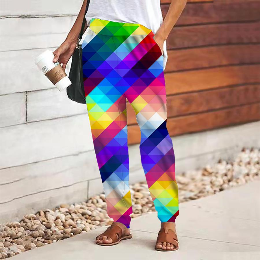 Women Abstract Printing Pants Lace Up Elastic Waist Loose  Trousers Casual Long Pants Trousers with Pockets