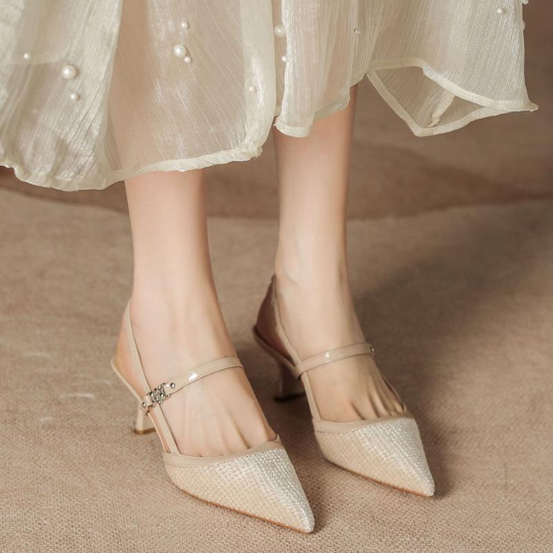 H963-1 black half bag head high heel sandals pointed head thin heel summer women's shoes sheepskin insole beaded sheet surface