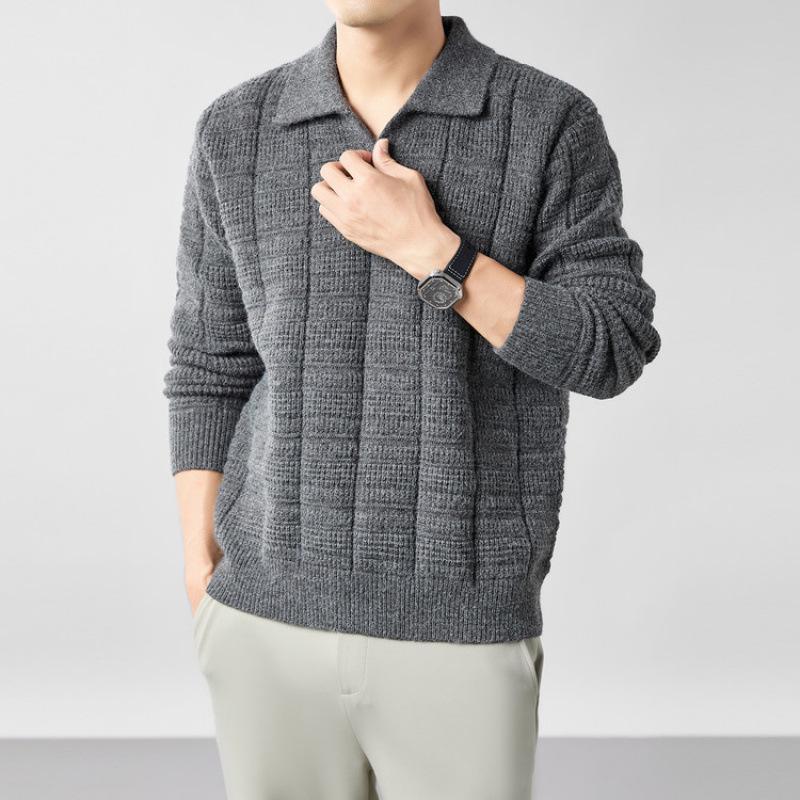 Męski modny sweter z długim rękawem i kołnierzem typu kent - Wiosna i Jesień