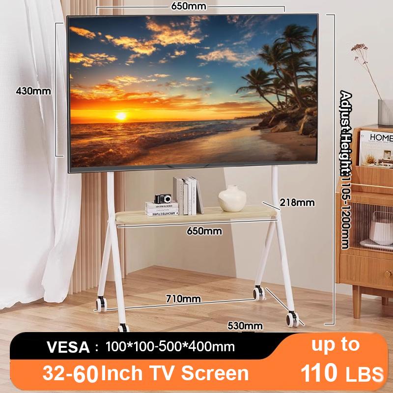 BEISHI Mobile Rolling TV Stand with Wood Shelf, Easy-to-Assemble Roller TV Cart for 32-60 inches TVs for Living Room Outdoor