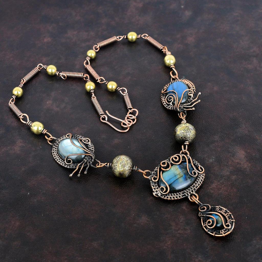 Labradorite Necklace Copper Wire Wrapped Necklace Real Gemstone Jewelry Adjustable Necklace Handmade Copper Wire Wrap Jewelry Wedding Gifts