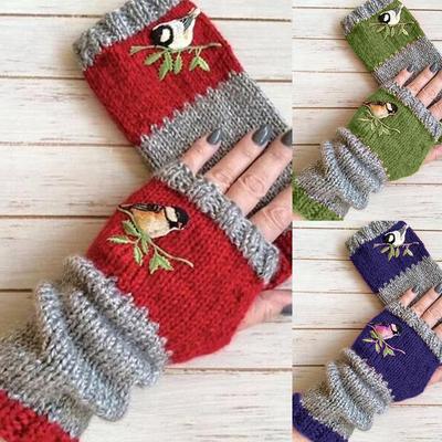 1Pair Women's Winter Outdoor Embroidered Bird Gloves Fingerless Gloves Knit Block Stitching Mittens