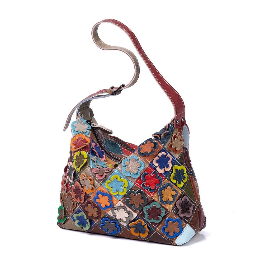Women'S Bag Leather Shoulder Bag Handmade Flower Color Matching Diamond Women'S Casual Personalized Cowhide Bag
