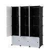 12 Cube Organizer Stackable Plastic Cube Storage Shelves Design Multifunctional Modular Closet Cabinet with Hanging Rod White Doors and Black Panels