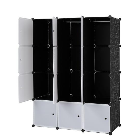 12 Cube Organizer Stackable Plastic Cube Storage Shelves Design Multifunctional Modular Closet Cabinet with Hanging Rod White Doors and Black Panels
