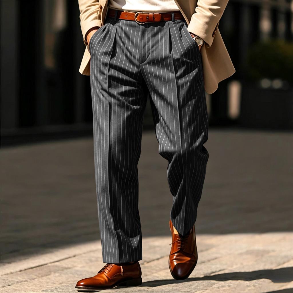 Men's Striped Dress Pants with Elastic Waistband and Button Closure for Business Work