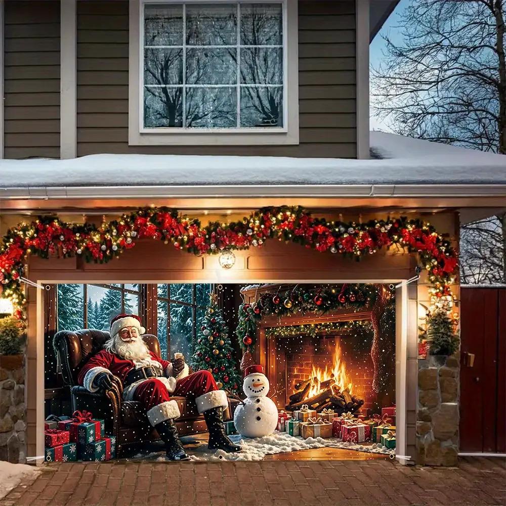 2D flat 1pc super large Christmas garage door banner - Santa Claus and fireplace scene with gifts, durable polyester fabric