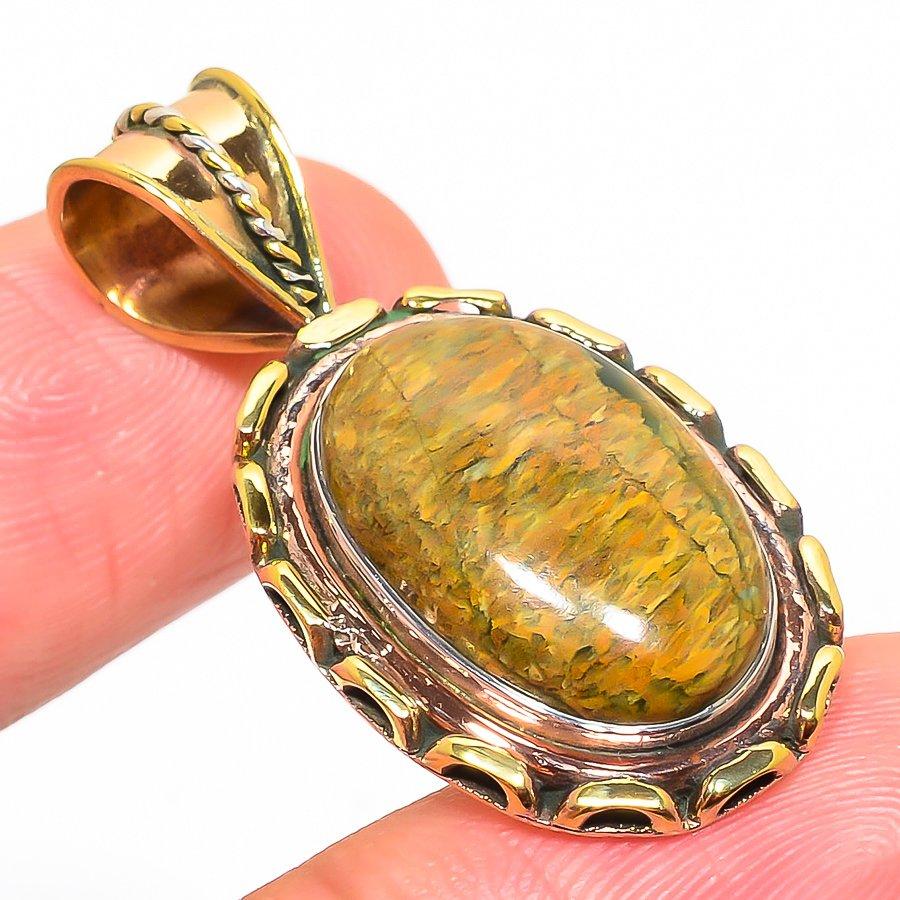Natural Rhyolite Gemstone Two Tone 925 Solid Sterling Silver Pendant 1.50'' z2k69
