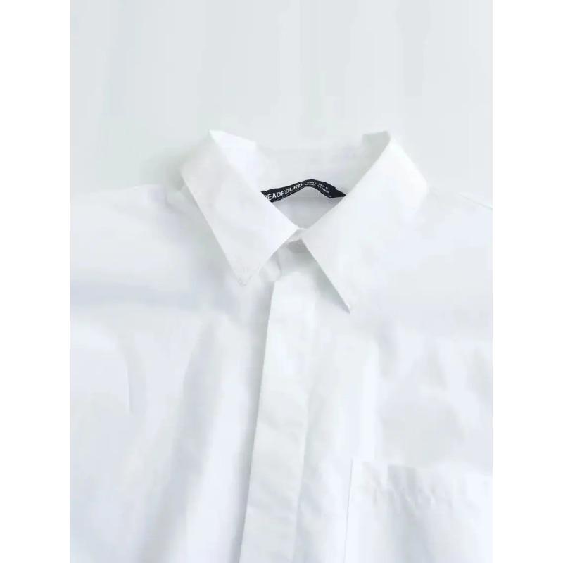 Dámská módní zkrácená popelínová košile Dámská ležérní klopa Krátký rukáv Kapsa Vpředu Knoflíky Všestranný dámský top