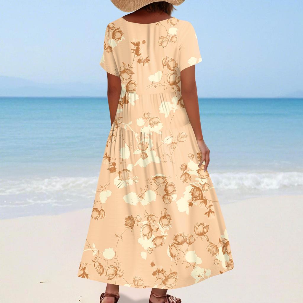 Women's Summer Casual Floral Print Short Sleeve O Neck High Waist A Line Tiered Flowy Boho Maxi Dress