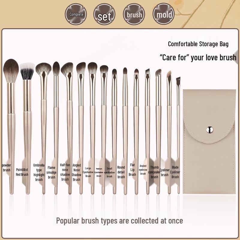 15-Piece Gold Makeup Brush Set with Portable Bag – Ideal for Beginners