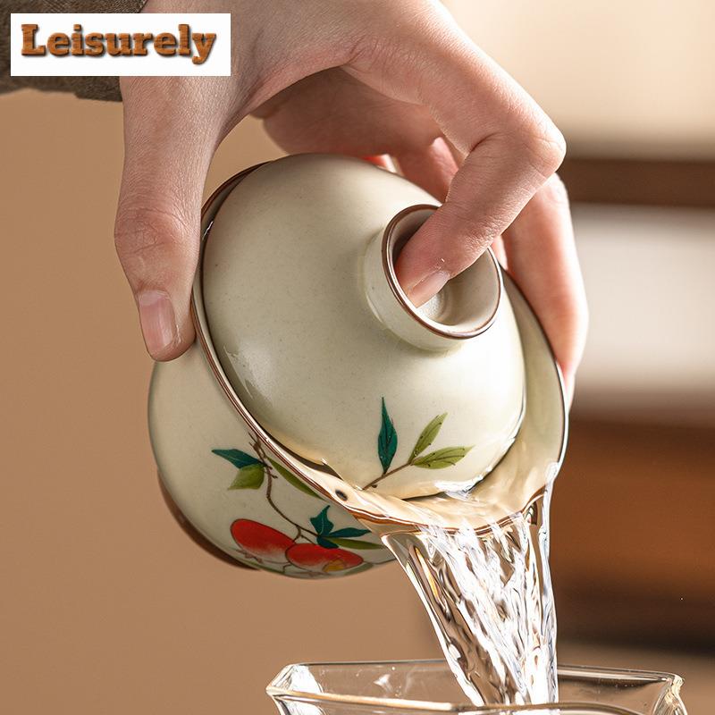 120ml krém Ru Kiln respektní Gaiwan vintage ručně malovaná granátová čajová mísa na čaj, víko na čaj, miska na čajový obřad, kolekce