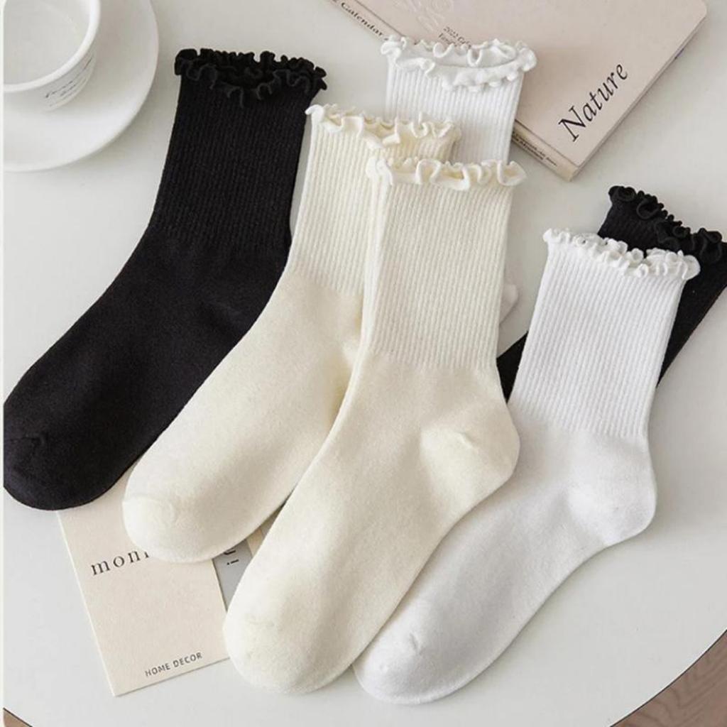 Cremefarbene Schnür-Damen-Wadenstrümpfe, Frühling und Sommer Reine Baumwolle Japanischer Stil Rüschen Jk Socken, Herbst und Frühling Kurze Socken