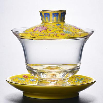 Enamel Colored Glass Gaiwan Puer Tea Bowls Crystal Tea Bowl Tureen Lid Bowl Lotus Hand Drawing Gaiwan for Travel Gai Wan Cup Set