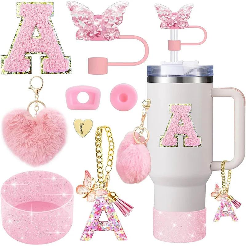 8 Pezzi Accessori per Tazza per Stanley Cup 30oz 40oz Include Coperchio Tappo Cannuccia a Farfalla Piedino in Silicone Maniglia Ciondolo Adesivo con Iniziali