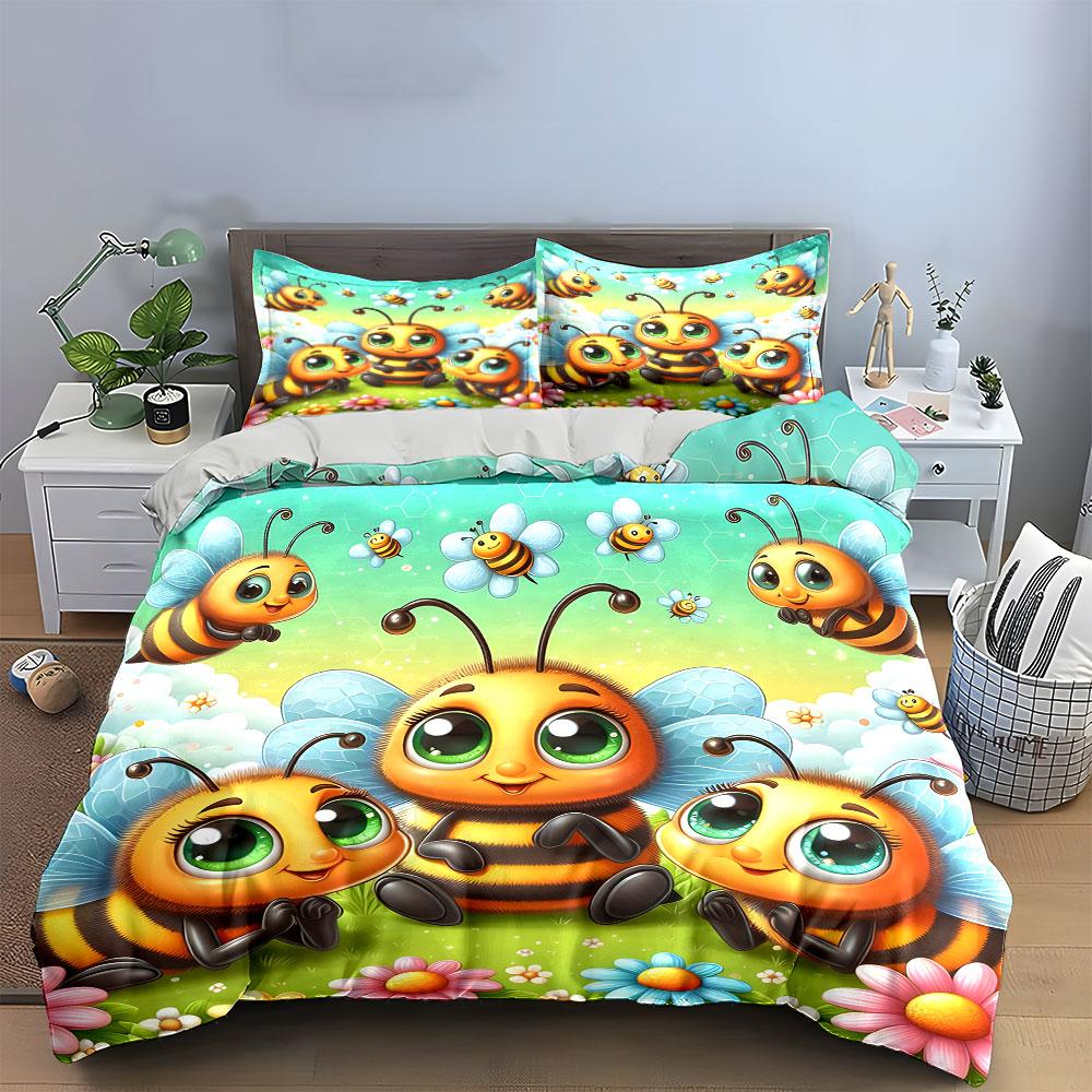 Süße Bienenfamilie mit Blumen Bettwäsche Bettbezug Set  (1*Bettbezug 2*Kissenbezüge, ohne Bettdecke)
