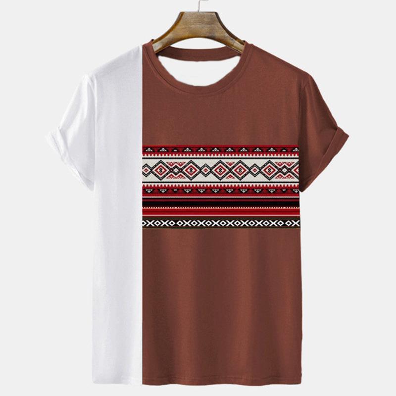 Pánské tričko s kmenovým etnickým vzorem, barevné prošívání, 3D potisk, letní ležérní top s kulatým výstřihem, krátký rukáv, volné tričko