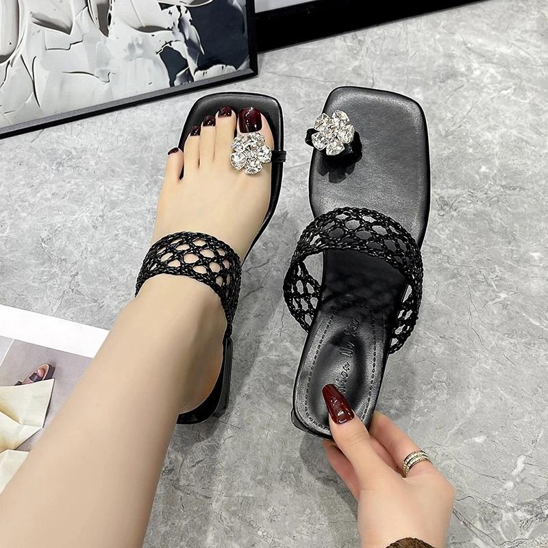 Fashion 2025 Summer Hot Sale Square-Toe Mid-Heel Thong Sandals Rhinestone Hollow Weave Dressy Outdoor Women's Classics Fashion Slippers