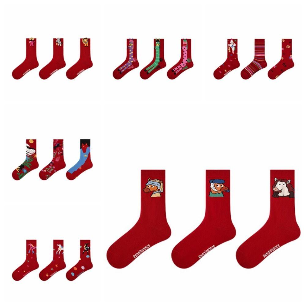 3Pairs Cartoon New Year Tube Socks Mid Calf Zodiac Year Socks Funny Red Cotton Socks Gift