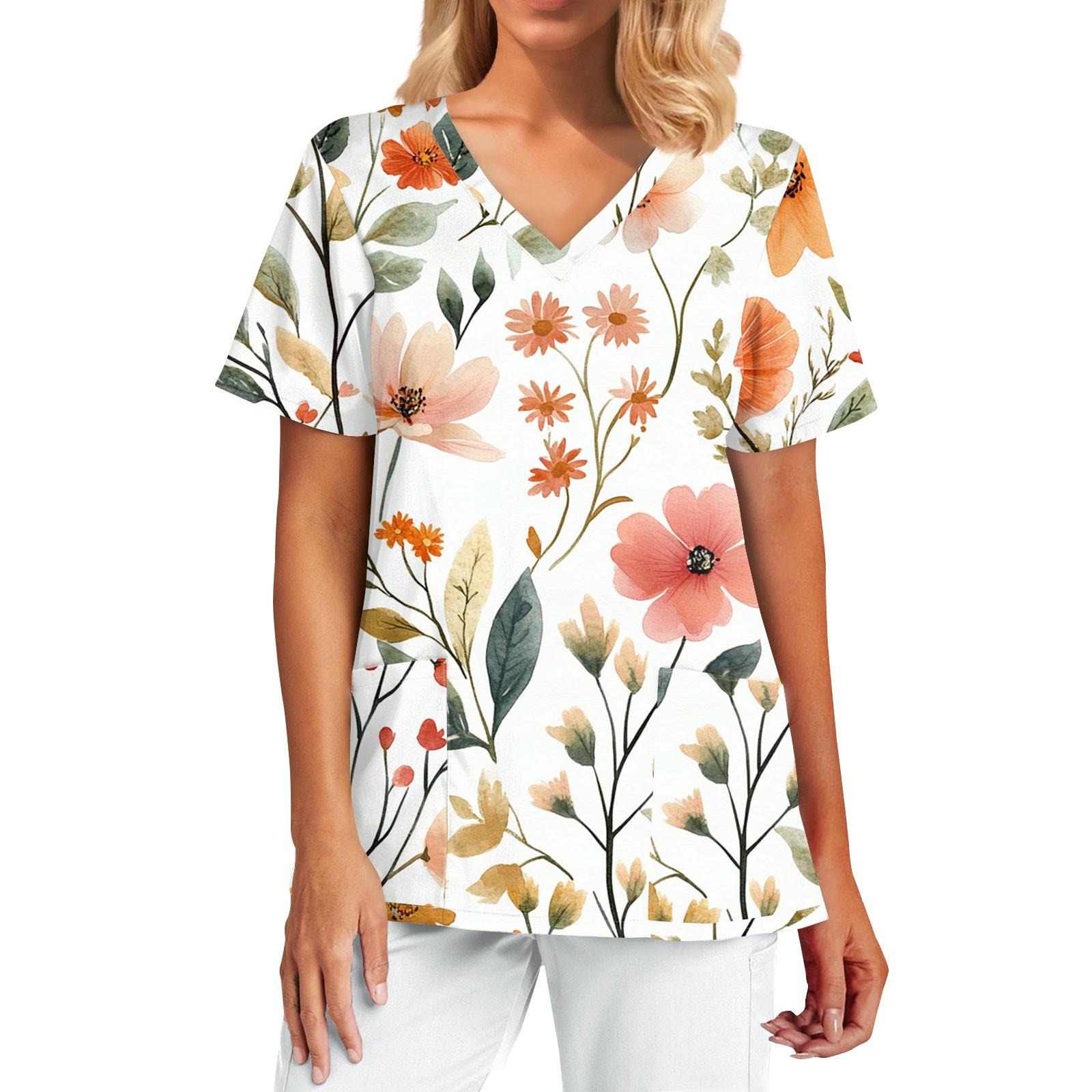 Women s Fashion Print Short Sleeve V Neck Pocket  Top L