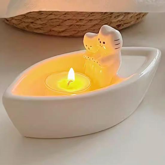 Cat Candle Holder Boat-Shaped Aromatherapy Cup Kittens Warming Paws Tea Light Holder for Home Bedroom Living Room Decor