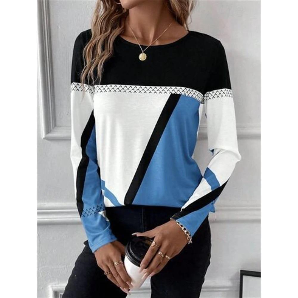 New Women's Autumn Long-Sleeve T-Shirt Stylish Color-Block Print Crew Neck Casual Yet Comfortable Style Perfect for Commuting