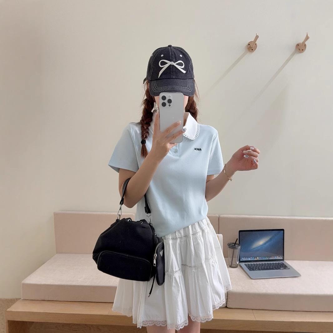 

Женская футболка с коротким рукавом и воротником поло в стиле ретро с цветными блоками, модный повседневный топ свободного кроя One Size небесно-голубой