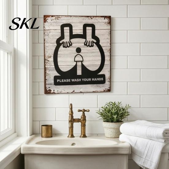 Farmhouse Wall Decor Please Wash Your Hands Metal Sign, Waterproof Rust-Proof Retro Bathroom Funny Hand Washing Sign Decor, Distressed Art Ornaments