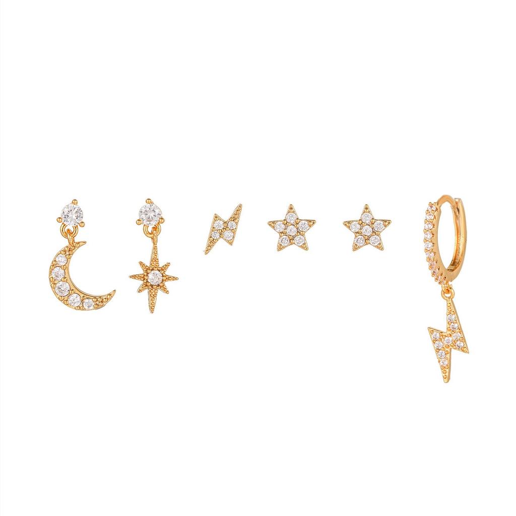 6PCS Fashion Cubic Zirconia Chain Star Moon Hoop Earring Set for Women Stainless Steel Pendant Cartilage Piercing Jewelry