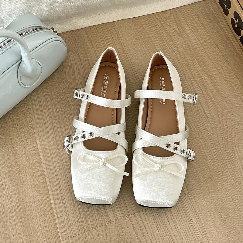 Satin temperament silver French square head light mouth flat sole shoes women's summer 2025 new with skirt Mary Jane shoes