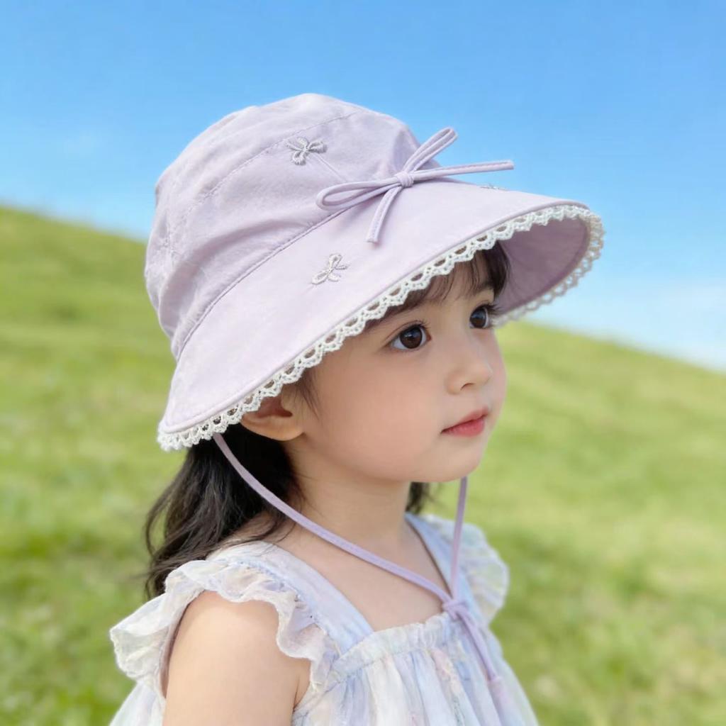 Princess Lace Trim Empty Top Hat for 3-8 Years Old Girls Spring Summer Sun Protection Cotton Linen Cord Fisherman Hat