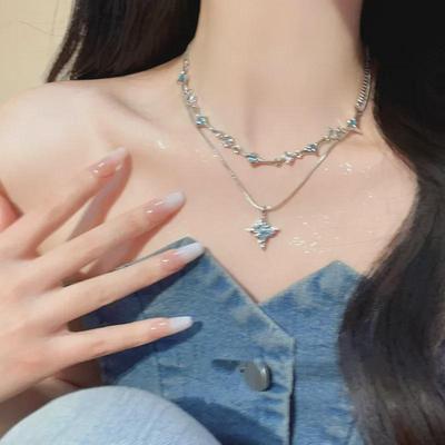 Blue Zircon Four-Pointed Star Pendant Necklace - Trendy, Chic, High-End Clavicle Chain for Women