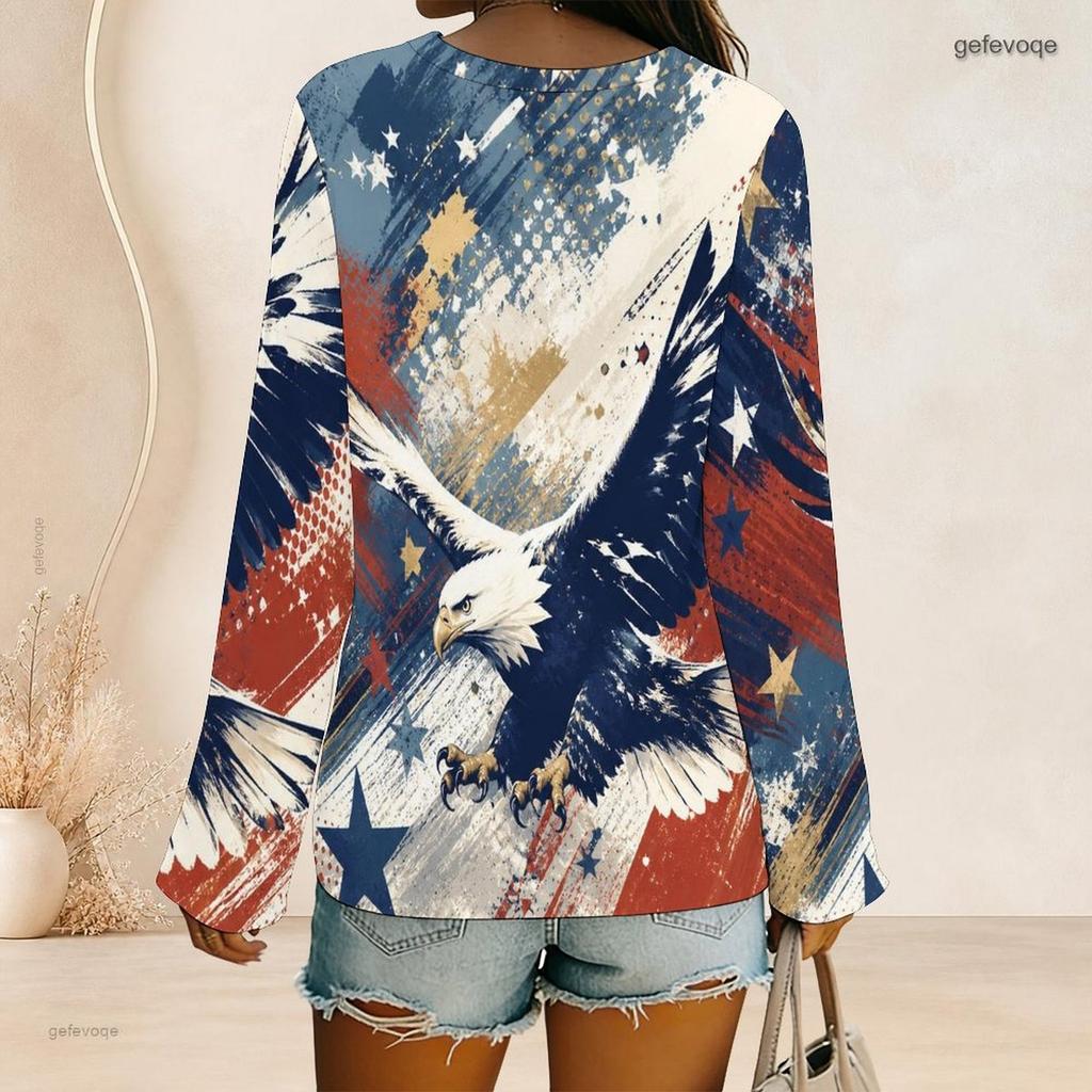 Women Plus Size V Neck Long Sleeve Printed Top Red White Blue Star Striped Curved Hem