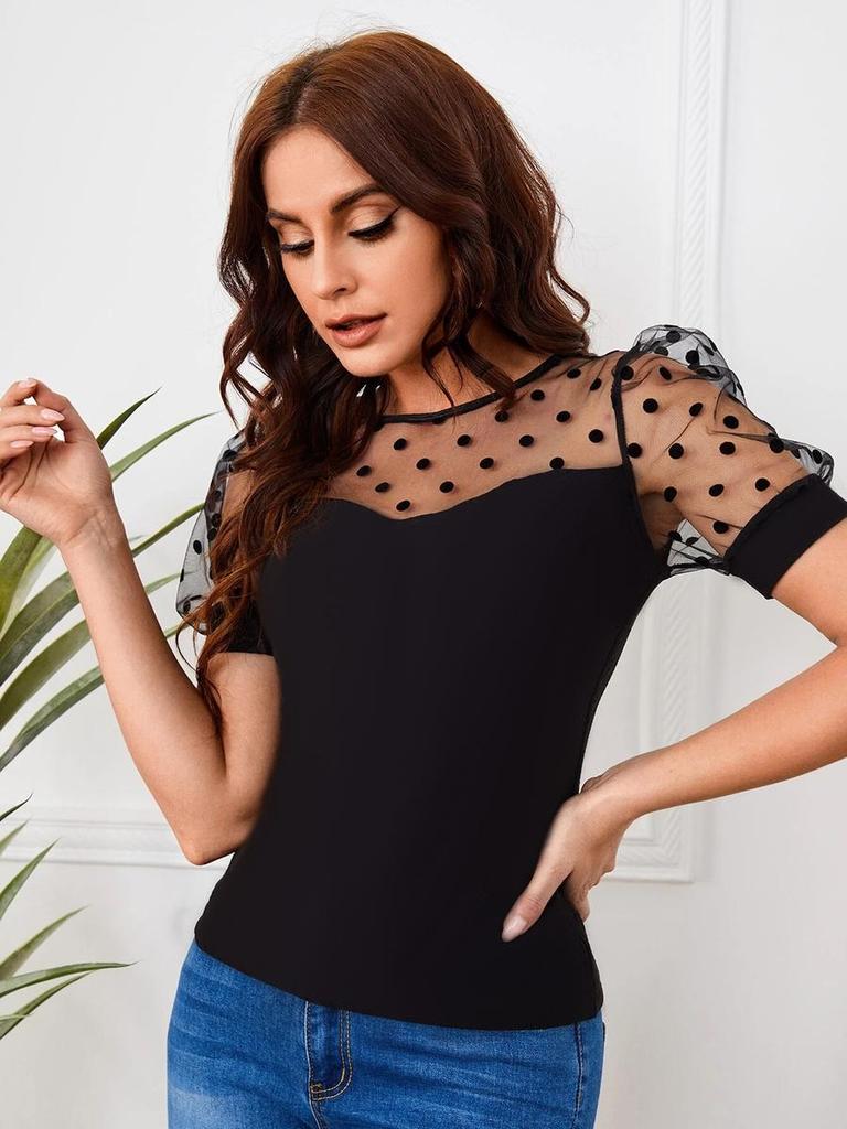 Summer New Women's Mesh Dot Patchwork Solid Color Crew Neck Comfortable Casual Slim Fit Short Sleeve T-Shirt